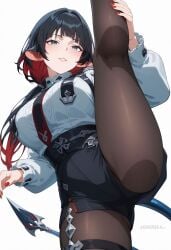 ai_generated animal_ears black_hair black_pantyhose black_shorts blue_eyes blush breasts female high-waist_shorts horns jane_doe_(zenless_zone_zero) kneepits large_breasts leg_up long_hair long_sleeves looking_at_viewer multicolored_hair necktie pantyhose pantyhose_under_shorts parted_lips red_hair red_nails shadowrealmarts shirt shorts simple_background smile solo split standing standing_on_one_leg standing_split tail thighs uncensored white_background white_shirt zenless_zone_zero