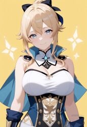 ai_generated bare_shoulders black_bow blonde_hair blue_capelet blue_eyes blush bow breasts capelet cleavage closed_mouth corset detached_collar female genshin_impact hair_between_eyes hairbow jean_(genshin_impact) large_breasts long_hair looking_at_viewer ponytail shadowrealmarts sidelocks simple_background smile solo strapless uncensored upper_body yellow_background
