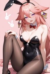 :d ai_generated alternate_costume animal_ears bare_arms bare_shoulders black_footwear black_leotard black_pantyhose blush bow bowtie breasts brown_pantyhose cleavage covered_navel detached_collar earrings fake_animal_ears female floppy_ears fox_ears hair_between_eyes hairband highleg highleg_leotard jewelry knee_up large_breasts leotard long_hair looking_at_viewer nail_polish open_mouth pantyhose pink_background pink_hair pink_nails playboy_bunny purple_eyes rabbit_ears red_bow red_bowtie shadowrealmarts sitting smile solo strapless strapless_leotard thighs uncensored very_long_hair wrist_cuffs yae_miko