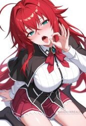 ahoge ai_generated aqua_eyes black_capelet black_socks blue_eyes blush breasts capelet crossed_bangs fellatio_gesture female hair_between_eyes high_school_dxd kneehighs large_breasts long_hair long_sleeves looking_at_viewer miniskirt open_mouth oral_invitation pleated_skirt red_hair red_skirt rias_gremory school_uniform shadowrealmarts shirt simple_background sitting skirt socks solo tongue tongue_out uncensored very_long_hair wariza white_background white_shirt