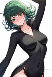 ai_generated arm_up artist_name black_dress black_panties blush breasts closed_mouth collarbone covered_navel cowboy_shot curly_hair dress female green_eyes green_hair long_sleeves looking_at_viewer medium_breasts medium_hair one-punch_man panties shadowrealmarts short_hair simple_background solo tatsumaki uncensored underwear white_background
