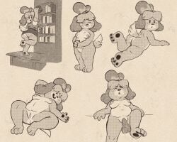 animal_crossing anthro ass belly big_butt black_and_white bottomwear breasts canid canine canis clothed clothing domestic_dog female hair halftone hi_res humanoid_vulva isabelle_(animal_crossing) male male/female mammal monochrome navel nintendo no_underwear nude pawpads paws pussy sexylinguini shih_tzu shirt sketch_page skirt slightly_chubby solo solo_focus tail tied_hair topwear toy_dog upskirt vulva