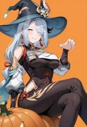 ai_generated black_bodysuit blue_eyes blue_nails blush bodysuit braid braided_ponytail breast_curtain breasts clothing_cutout covered_navel crossed_legs earrings feet_out_of_frame female genshin_impact gloves grey_hair grin hair_ornament hair_over_one_eye halloween hand_up hat hip_vent jack-o'-lantern jewelry large_breasts long_hair long_sleeves looking_at_viewer nail_polish orange_background puffy_long_sleeves puffy_sleeves pumpkin shadowrealmarts shenhe_(genshin_impact) shoulder_cutout simple_background sitting smile solo tassel tassel_earrings uncensored very_long_hair witch_hat