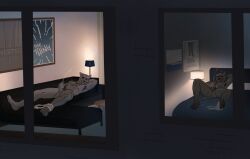 age_difference andy_(echto) anthro balls bedroom bodily_fluids brown_balls brown_body brown_fur canid canine charlie_(echto) cum duo echto erection father_(lore) father_and_child_(lore) father_and_son_(lore) fur genital_fluids genitals hi_res male mammal masturbation mature_male nude orgasm parent_(lore) parent_and_child_(lore) parent_and_son_(lore) penis simultaneous_orgasms son_(lore)