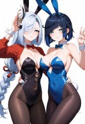 2girls ai_generated alternate_costume animal_ears bare_shoulders black_hair black_leotard black_pantyhose blue_bow blue_bowtie blue_eyes blue_hair blue_leotard blue_nails blush bow bowtie braid braided_ponytail breasts brown_pantyhose cleavage closed_mouth covered_navel detached_collar diagonal_bangs earrings fake_animal_ears fake_tail genshin_impact green_eyes grey_hair hair_ornament hair_over_one_eye hairband highleg highleg_leotard jewelry large_breasts leotard long_hair long_sleeves looking_at_viewer multiple_girls nail_polish pantyhose playboy_bunny rabbit_ears rabbit_tail red_bow red_bowtie shadowrealmarts shenhe_(genshin_impact) short_hair simple_background smile strapless strapless_leotard tail tassel thighs uncensored white_background white_hair wrist_cuffs yelan_(genshin_impact)
