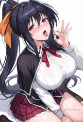 ai_generated black_capelet black_hair black_socks blush breasts capelet fellatio_gesture female hair_between_eyes hair_ribbon high_school_dxd himejima_akeno large_breasts long_hair long_sleeves looking_at_viewer open_mouth ponytail purple_eyes red_skirt ribbon school_uniform shadowrealmarts shirt simple_background sitting skirt socks solo tongue tongue_out uncensored very_long_hair wariza white_background white_shirt