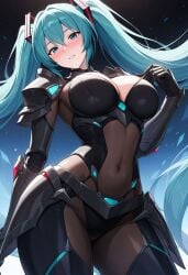 ai_generated aqua_eyes aqua_hair armor black_bodysuit blush bodystocking bodysuit breasts cleavage covered_navel cowboy_shot female hair_between_eyes hair_ornament hatsune_miku large_breasts long_hair looking_at_viewer parted_lips shadowrealmarts shoulder_armor smile solo twintails uncensored very_long_hair