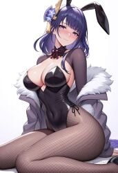 ai_generated alternate_costume animal_ears black_leotard blush braid braided_ponytail breasts cleavage closed_mouth covered_navel detached_collar fake_animal_ears fake_tail female fishnet_pantyhose fishnets flower fur-trimmed_jacket fur_trim genshin_impact hair_ornament highleg highleg_leotard jacket large_breasts leotard long_hair long_sleeves looking_at_viewer mole mole_under_eye off_shoulder pantyhose playboy_bunny purple_eyes purple_hair rabbit_ears rabbit_tail raiden_shogun shadowrealmarts simple_background sitting solo strapless_leotard tail thighs uncensored wariza white_background