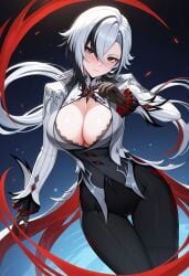 ai_generated arlecchino_(genshin_impact) black_bra black_eyes black_hair black_pants blush bra breasts cleavage closed_mouth female genshin_impact gloves hair_between_eyes jacket large_breasts long_hair long_sleeves looking_at_viewer multicolored_hair pants red_pupils shadowrealmarts shirt smile solo streaked_hair symbol-shaped_pupils thigh_gap thighs two-tone_hair uncensored underwear white_hair white_jacket