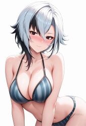 ai_generated arlecchino_(genshin_impact) bare_arms bare_shoulders bikini black_eyes black_hair blue_bikini blush breasts cleavage closed_mouth collarbone female grey_hair hair_between_eyes large_breasts looking_at_viewer multicolored_hair navel red_pupils shadowrealmarts short_hair simple_background smile solo stomach streaked_hair striped_bikini striped_clothes swimsuit symbol-shaped_pupils thighs two-tone_hair uncensored white_background white_hair x-shaped_pupils