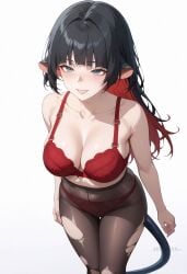 ai_generated animal_ears bare_shoulders black_hair black_pantyhose blue_eyes blush bra breasts cleavage collarbone colored_inner_hair covered_navel female high-waist_pantyhose jane_doe_(zenless_zone_zero) large_breasts long_hair looking_at_viewer multicolored_hair panties panties_under_pantyhose pantyhose red_bra red_hair red_panties shadowrealmarts simple_background smile solo standing tail torn_clothes torn_pantyhose two-tone_hair uncensored underwear underwear_only white_background