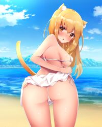 1girls animal_ear_fluff animal_ears animal_tail ass back beach bikini bikini_bottom bikini_top blush braid braided_hair breasts brown_eyes brown_hair cat_ears cat_tail catgirl female female_focus indie_virtual_youtuber kemonomimi light-skinned_female light_skin long_hair looking_back nekoha_neru nekoha_neru_(artist) ocean sand skirt skirt_lift skirt_up solo solo_focus swimsuit swimwear tail thighs virtual_youtuber vtuber water
