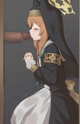 1boy absurdres animal_ears blue_archive cat_girl censored closed_eyes dress fellatio female halo highres interlocked_fingers kissing_penis long_hair long_sleeves mari_(blue_archive) mosaic_censoring nun oral orange_hair own_hands_together penis praying puffy_long_sleeves puffy_sleeves qkracho_(thesdroz) straight white_dress yellow_halo