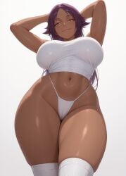 1girls ai_generated arms_behind_back below_view big_breasts big_thighs bleach curvy dark-skinned_female dark_skin high_waisted_thong pose posing purple_hair seductive shihouin_yoruichi sleeveless smile smiling_at_viewer standing thick_legs thick_thighs thighhighs thong topwear white_background white_shirt