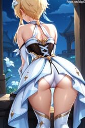 1girls ai_generated ass ass_focus bent_over blonde_hair cameltoe dress dress_lift facing_away female female_only from_behind genshin_impact hair_flower hair_ornament long_hair lumine_(genshin_impact) medium_breasts mihoyo panties patreon salupai solo solo_female thighs tight_panties uncensored watermark white_dress yellow_eyes