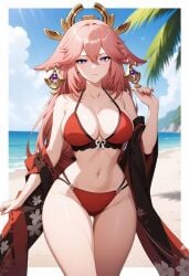 ai_generated animal_ears bare_shoulders beach bikini blue_sky breasts cleavage closed_mouth cloud collarbone cowboy_shot day earrings female floppy_ears floral_print fox_ears genshin_impact hair_between_eyes hair_ornament halterneck hand_up japanese_clothes jewelry large_breasts long_hair looking_at_viewer nail_polish navel ocean off_shoulder outdoors pink_hair purple_eyes red_bikini red_nails shadowrealmarts sky smile solo stomach swimsuit thigh_gap thighs uncensored wide_sleeves yae_miko