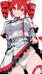 1girls ai_generated animal_ears ass_visible_through_thighs big_breasts big_thighs bow_panties breasts cat_ears cat_tail catgirl clothed clothed_female clothing crop_top cropped_jacket fat_thighs female female_only flashing flashing_panties fully_clothed hair_ornament hairbow huge_breasts huge_thighs kasane_teto kasane_teto_(sv) large_breasts large_thighs looking_at_viewer low-angle_view nail_polish painted_nails panties partially_visible_vulva pink_nails plump plump_breasts plump_thighs red_eyes red_hair shiny_skin showing_panties simple_background skindentation skirt skirt_lift smile solo solo_female synthesizer_v twin_drills upskirt utau white_background white_panties wide_hips