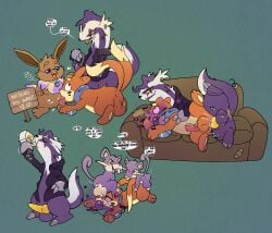 anus argon_vile ball_gag balls bodily_fluids buizel clothing dialogue dichromatic_eyes drinking_juice ear_piercing ear_ring eevee english_text furniture gag galarian_form galarian_linoone generation_1_pokemon generation_3_pokemon generation_4_pokemon generation_8_pokemon genitals grungy hi_res jacket jewelry juice_(beverage) knot knotted_penis leather leather_clothing leather_jacket leather_topwear linoone male male/male male_penetrated male_penetrating male_penetrating_male necklace nintendo oral oral_penetration orange_juice penetration penis piercing poison_(final_fight) poisoned pokemon pokemon_(species) regional_form_(pokemon) ring_piercing sex sofa soggy_(soggybuizel) sound_effects text topwear yellow_penis yellow_sclera
