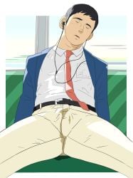 1boy 2014 asu-kam bulge cum cum_through cum_through_clothes cum_through_pants earphones erection erection_under_clothes formal_wear fully_clothed indoors male male_only original public_transportation sleeping solo spread_legs suit_and_tie tagme train wet_dream