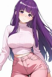 ai_generated alternate_costume blunt_bangs blush breasts cowboy_shot cropped_sweater female fern_(sousou_no_frieren) high-waist_pants large_breasts long_hair long_sleeves looking_at_viewer midriff midriff_peek pants parted_lips pink_pants pink_sweater purple_eyes purple_hair ribbed_sweater shadowrealmarts sidelocks simple_background smile solo sweater thigh_gap turtleneck turtleneck_sweater uncensored white_background white_sweater