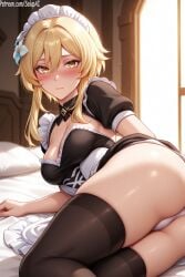 1girls ai_generated ass blonde_hair blush dress female female female_only genshin_impact hair_flower hair_ornament long_hair looking_at_viewer lumine_(genshin_impact) lying lying_on_bed lying_on_side maid maid_apron maid_dress maid_outfit maid_uniform medium_breasts panties patreon salupai solo solo_female thick_ass thick_thighs thighhighs thighs uncensored watermark white_panties yellow_eyes