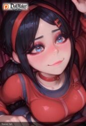 ai_generated artist_name black_hair blue_eyes blush breasts dollmaker dollmaker_(artist) female hair_ornament hairband hairclip hat heart-shaped_pupils lips long_hair looking_at_viewer medium_breasts miside mita_(miside) patreon_logo patreon_username recording red_hairband smile solo symbol-shaped_pupils tagme watermark