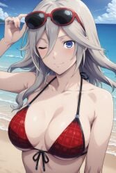 ai_generated alisa_ilinichina_amiella beach bikini bikini_top blue_eyes breasts female female_only god_eater grey_hair large_breasts looking_at_viewer pale-skinned_female pale_skin red_bikini red_bikini_top smile sunglasses sunglasses_on_head upper_body wink
