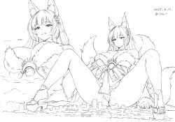 1girls airplane azur_lane black_and_white city cityscape clothed covered_pussy female fox_ears fox_girl fox_tail foxgirl giantess jet kimono long_hair macrophilia monochrome multiple_tails musashi_(azur_lane) panties plane sandals seo sketch smile smiling solo spread_legs traditional_clothes uncolored