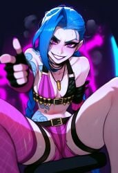 1girls blue_hair cleavage finger_gun grin hand_gesture jinx_(league_of_legends) league_of_legends legs_apart looking_at_viewer minishorts pointing_at_viewer short_shorts small_breasts smile smirk solo twin_braids very_long_hair yumerush