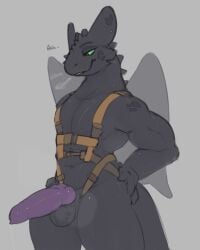 black_body dergsalot dragon dreamworks genitals harness hi_res how_to_train_your_dragon knot male mythological_creature mythological_scalie mythology penis purple_genitals scalie toothless wings