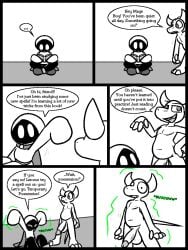 2025 2_horns 3_toes 4_fingers anthro balls big_balls big_penis book cape casual_nudity claws clothing comic crossed_legs demon dialogue duo ellipsis english_text feet finger_claws fingers genitals greyscale hand_on_head holding_book holding_object horn leo_the_magician long_sleeves magic male monochrome motion_lines mouthless nipples no_pupils nude on_ground onomatopoeia open_mouth penis possession reading reading_book robe shadow_creature sitting smile smirk sound_effects speech_bubble spot_color standing text to-be-named-later toes ultilix