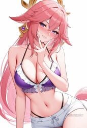 ai_generated animal_ears bare_arms bare_shoulders bikini blush breasts cleavage collarbone earrings female floppy_ears fox_ears frilled_bikini frills genshin_impact grin hair_between_eyes hair_ornament halterneck hand_up highleg jewelry large_breasts leaning_to_the_side long_hair looking_at_viewer navel panty_straps parted_lips pink_hair purple_bikini purple_eyes shadowrealmarts short_shorts shorts simple_background smile solo stomach swimsuit thighs uncensored very_long_hair white_background white_shorts yae_miko