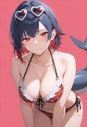 ai_generated bare_arms bare_shoulders bikini black_hair blue_hair blush breasts cleavage closed_mouth collarbone colored_inner_hair cowboy_shot ellen_joe eyewear_on_head female fins fish_tail frilled_bikini frills front-tie_bikini_top front-tie_top halterneck heart heart-shaped_eyewear large_breasts leaning_forward looking_at_viewer multicolored_hair navel pink_background red_background red_bikini red_eyes red_hair shadowrealmarts shark_tail short_hair side-tie_bikini_bottom simple_background solo stomach string_bikini sunglasses swimsuit tail two-tone_hair uncensored virtual_youtuber