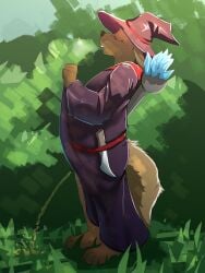 2022 4_toes absurd_res anthro artist_collaboration bodily_fluids bottomless brown_body brown_fur canid canine clothed clothing dagger dakkawoof danny_(funnybox) feet flaccid foreskin fox fur genital_fluids genitals hat headgear headwear hi_res hybrid lagomorph leporid magic_user male mammal melee_weapon naughtybox peeing penis rabbit relieved solo staff sweat toes urine urine_stream watersports weapon wizard_hat wizard_robe
