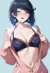 ai_generated black_hair blue_background blue_bra blue_hair blunt_bangs blush bob_cut bra breasts cleavage collarbone diagonal_bangs earrings female green_eyes hood jacket jewelry large_breasts long_sleeves looking_at_viewer multicolored_hair navel open_clothes open_mouth pink_hoodie pink_jacket shadowrealmarts short_hair simple_background solo stomach uncensored underwear upper_body yelan_(genshin_impact) zipper_pull_tab