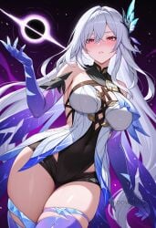 ai_generated bare_shoulders blush breasts butterfly_hair_ornament covered_navel elbow_gloves female genshin_impact gloves gradient_legwear grey_hair hair_between_eyes hair_ornament large_breasts leotard long_hair looking_at_viewer parted_lips pink_eyes purple_gloves shadowrealmarts skirk_(genshin_impact) solo thighhighs thighs uncensored very_long_hair