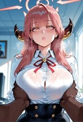 1boy 1girls ai_generated aru_(blue_archive) ass big_breasts blue_archive breasts dark-skinned_male female female_focus gehenna_academy_student groping_breasts hips horns huge_ass huge_breasts large_breasts light-skinned_female long_hair male pink_hair problem_solver_68_(blue_archive) surprised surprised_expression sweat thick_thighs thighs wide_hips yellow_eyes