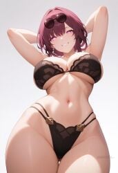 ai_generated armpits arms_behind_head arms_up ass_visible_through_thighs black_bra black_panties bra breasts cleavage cowboy_shot eyewear_on_head female grin highleg kafka_(honkai:_star_rail) lace-trimmed_bra large_breasts lingerie looking_at_viewer navel panties pince-nez purple_eyes purple_hair round_eyewear shadowrealmarts simple_background skindentation smile solo stomach sunglasses thigh_gap thighs uncensored underboob underwear underwear_only