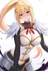 ai_generated armor black_bodysuit blonde_hair blue_eyes blush bodysuit breasts closed_mouth darkness_(konosuba) female hair_between_eyes hair_ornament konosuba large_breasts long_hair looking_at_viewer ponytail red_ribbon ribbon shadowrealmarts shoulder_armor sidelocks simple_background solo uncensored white_background x_hair_ornament