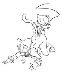 2girls all_fours anal anthro ball_gag bondage bound color_request duo eye_patch eyepatch eyewear feline female female_only forced furry gag gagged hello_kitty hello_kitty_(character) hello_kitty_(series) katia_managan kitty_white monochrome nude piercing prequel rape rough_sketch sanrio simple_background size_difference sketch small_dom_big_sub spiked_dildo the_elder_scrolls unknown_artist video_games whip white_background yuri