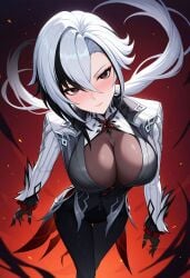 ai_generated arlecchino_(genshin_impact) black_eyes black_hair black_pants blush breasts cleavage closed_mouth female from_above genshin_impact gloves hair_between_eyes jacket large_breasts long_hair long_sleeves looking_at_viewer multicolored_hair pants red_pupils shadowrealmarts solo streaked_hair symbol-shaped_pupils uncensored white_hair x-shaped_pupils