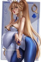 animal_ears artoria_pendragon_(all) artoria_pendragon_(swimsuit_ruler)_(fate) bangs bare_shoulders blonde_hair blue_legwear blue_nails blue_neckwear braid breasts bunny_ears bunnysuit cleavage detached_collar feather_boa female fishnet_legwear fishnets french_braid green_eyes highleg highleg_leotard large_breasts leotard lips long_hair looking_at_viewer nail_polish necktie pantyhose ponytail sidelocks solo tiara white_leotard wrist_cuffs