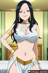 ai_generated bed bedroom black_hair bracelet dancer dancer_outfit earrings evil_grin evil_smile eyeshadow female green_eyes harem_outfit jewelry loincloth long_hair looking_at_viewer makeup midriff my_hero_academia navel omega_weirdo one_hand_on_hip patreon pink_lipstick posing posing_for_the_viewer seductive seductive_smile smile smiling_at_viewer smug solo solo_female solo_focus tsukauchi_makoto vigilante:_my_hero_academia_illegals