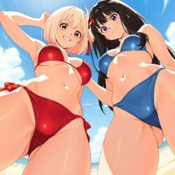 2girls ai_generated akai_yume bikini blue_bikini females_only inoue_takina lycoris_recoil nishikigi_chisato red_bikini swimsuit