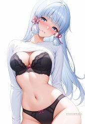 ai_generated artist_name black_bra black_panties blue_eyes blue_hair blunt_bangs blunt_tresses blush bow bow_bra bra breasts cleavage clothes_lift female flower_knot genshin_impact hair_ornament hair_ribbon head_tilt kamisato_ayaka large_breasts light_blue_hair long_hair long_sleeves looking_at_viewer medium_breasts mole mole_under_eye navel panties parted_lips patreon_username ribbon shadowrealmarts shirt shirt_lift simple_background smile solo stomach thighs tress_ribbon uncensored underwear white_background white_shirt