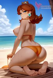 1girls 2d ai_generated bangs bare_shoulders barefoot beach bikini_bottoms blue_eyes breasts brown_hair cleavage crown earrings erophoenix feet jewelry large_ass large_breasts long_hair looking_at_viewer mario_(series) nintendo nipple ocean outdoors pale_skinned_female patreon_username princess_daisy sitting smile soles solo super_mario_bros. super_smash_bros. sweat toes uncensored v_arms
