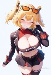 :q ai_generated belt black_gloves black_jacket black_skirt black_thighhighs blonde_hair blush breasts burnice_white cleavage cleavage_cutout closed_mouth clothing_cutout cowboy_shot crop_top cropped_jacket eyewear_on_head female fingerless_gloves gloves hair_ornament hand_up jacket large_breasts long_sleeves looking_at_viewer midriff miniskirt navel open_clothes open_jacket orange_eyes pleated_skirt red_eyes shadowrealmarts short_hair simple_background skindentation skirt smile solo stomach sunglasses thigh_strap thighhighs thighs tongue tongue_out turtleneck twintails two_side_up uncensored white_background zenless_zone_zero zettai_ryouiki