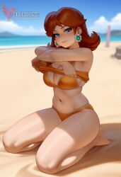 1girls 2d ai_generated bangs bare_shoulders barefoot beach bikini_bottoms blue_eyes breasts brown_hair cleavage crown earrings erophoenix feet jewelry large_ass large_breasts long_hair looking_at_viewer mario_(series) nintendo nipple ocean outdoors pale_skinned_female patreon_username princess_daisy sitting smile solo super_mario_bros. super_smash_bros. sweat toes uncensored v_arms