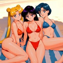 3girls ai_generated akai_yume ami_mizuno bikini bishoujo_senshi_sailor_moon blue_bikini females_only multiple_girls orange_bikini red_bikini rei_hino swimsuit usagi_tsukino