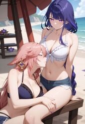 2girls ai_generated alternate_costume animal_ears bare_arms bare_shoulders beach beach_umbrella bikini black_bikini blue_shorts blue_sky blush braid braided_ponytail breasts cleavage closed_eyes closed_mouth collarbone day denim denim_shorts earrings floppy_ears fox_ears frilled_bikini frills front-tie_top genshin_impact halterneck hand_on_another's_thigh jewelry large_breasts long_hair looking_at_another mole mole_under_eye multiple_girls navel ocean outdoors pink_hair purple_eyes purple_hair purple_nails raiden_shogun shadowrealmarts short_shorts shorts sitting sky stomach swimsuit thighs umbrella uncensored very_long_hair water white_bikini yae_miko yuri